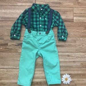 Carter's Plaid St.‎ Patrick's Day Suspenders Outfit Size 12 Mo